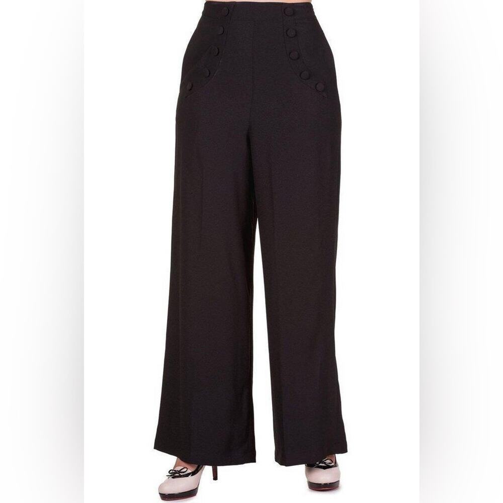 Banned Apparel 1960 Black High Waist Crepe Full Moon Sailor Wide Leg Pants Small
